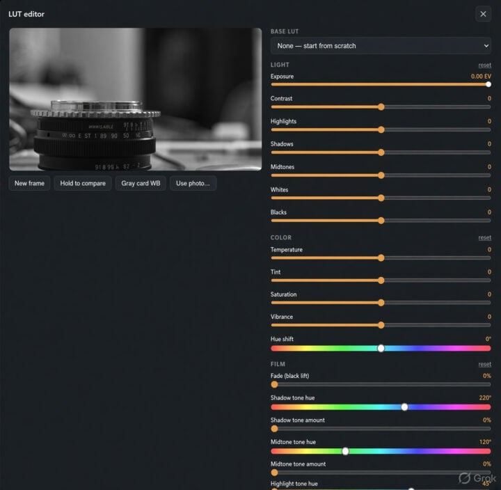 Interfaccia di un editor LUT con controlli per esposizione, contrasto, colore, fade e split tone