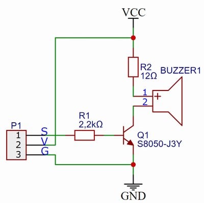 Schema elettrico del modulo buzzer Keyestudio con transistor S8050, due resistenze e connettore a tre pin